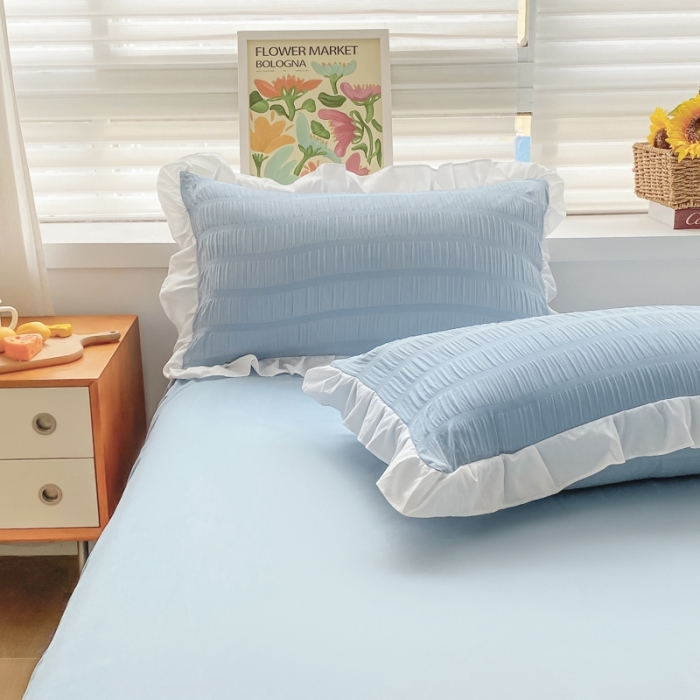 91家纺网 家纺一手货源 找家纺 慕澄家纺 2022新款韩版泡泡纱花边四件套（手机实拍） 宁静蓝