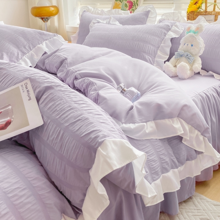 91家纺网 家纺一手货源 找家纺 慕澄家纺 2022新款韩版泡泡纱花边四件套（手机实拍） 优雅紫