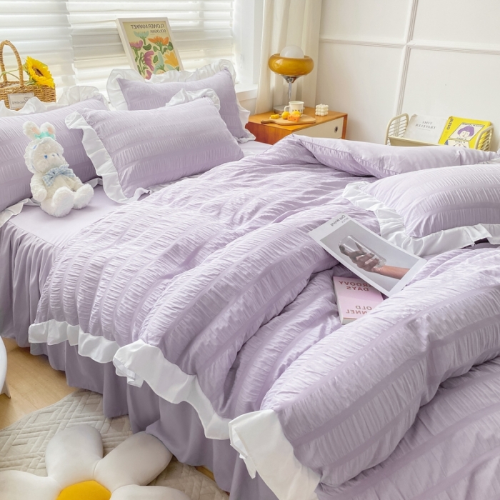 91家纺网 家纺一手货源 找家纺 慕澄家纺 2022新款韩版泡泡纱花边四件套（手机实拍） 优雅紫