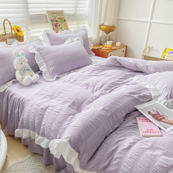 91家纺网 家纺一手货源 找家纺 慕澄家纺 2022新款韩版泡泡纱花边四件套（手机实拍） 优雅紫