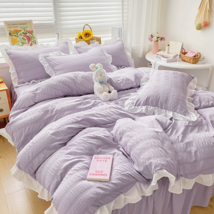 91家纺网 家纺一手货源 找家纺 慕澄家纺 2022新款韩版泡泡纱花边四件套（手机实拍） 优雅紫