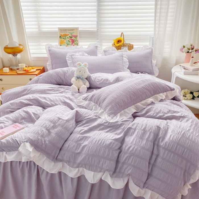 91家纺网 家纺一手货源 找家纺 慕澄家纺 2022新款韩版泡泡纱花边四件套（手机实拍） 优雅紫