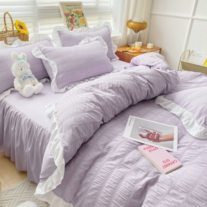 91家纺网 家纺一手货源 找家纺 慕澄家纺 2022新款韩版泡泡纱花边四件套（手机实拍） 优雅紫