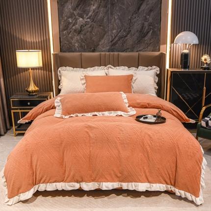 91家纺网 家纺一手货源 找家纺 珺柔 2022新款220高克重牛奶绒雕花时尚花边款四件套 柏拉图（橙）