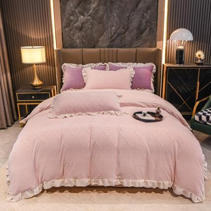 珺柔 2022新款220高克重牛奶绒雕花时尚花边款四件套 布鲁斯（粉）