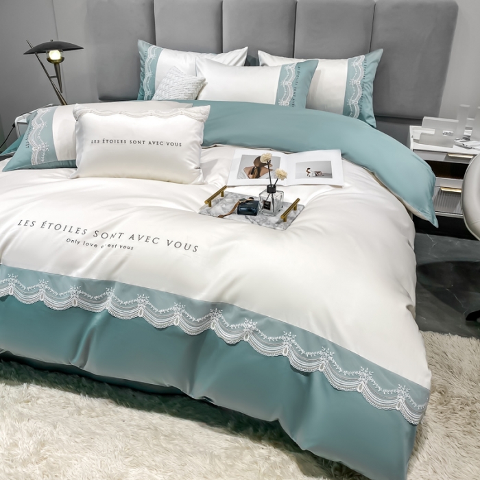 91家纺网 家纺一手货源 找家纺 安妮 2022新款全棉刺绣蕾丝四件套-艾琳艾琳-蓝