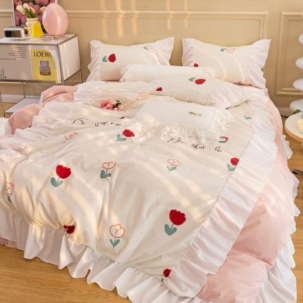 91家纺网 家纺一手货源 找家纺 总 花伞 2022年新款法式工艺款加宽花边锦棉糖果系列四件套