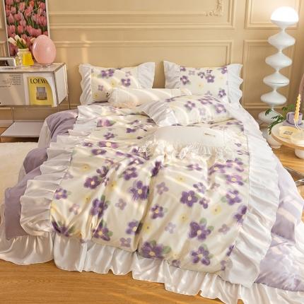 91家纺网 家纺一手货源 找家纺 花伞 2022年新款法式工艺款加宽花边锦棉糖果系列四件套 糖果-紫色鸢尾