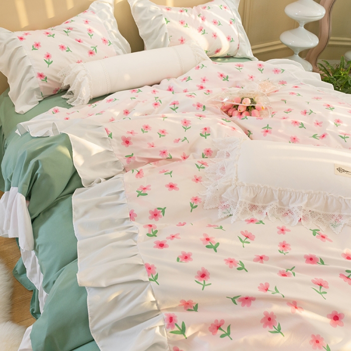 91家纺网 家纺一手货源 找家纺 花伞 2022年新款法式工艺款加宽花边锦棉糖果系列四件套 糖果-撩心少女