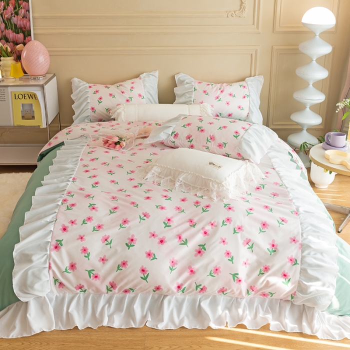 91家纺网 家纺一手货源 找家纺 花伞 2022年新款法式工艺款加宽花边锦棉糖果系列四件套 糖果-撩心少女