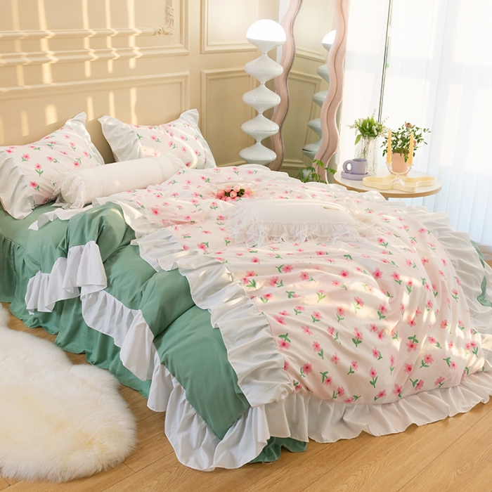 91家纺网 家纺一手货源 找家纺 花伞 2022年新款法式工艺款加宽花边锦棉糖果系列四件套 糖果-撩心少女