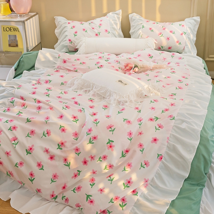 91家纺网 家纺一手货源 找家纺 花伞 2022年新款法式工艺款加宽花边锦棉糖果系列四件套 糖果-撩心少女