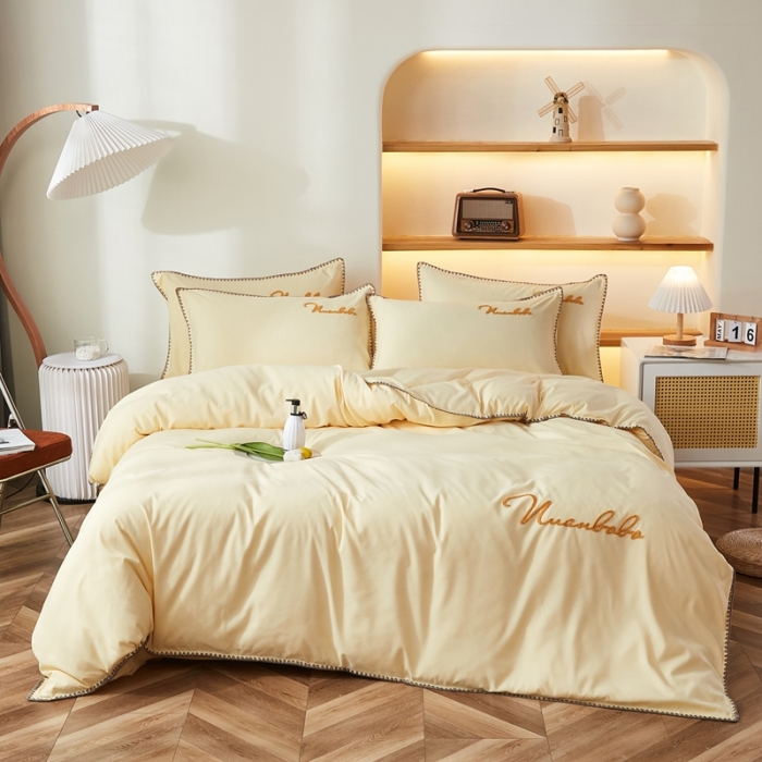 91家纺网 家纺一手货源 找家纺 啊雅家居 2025新款A类水洗棉贝壳边毛巾绣四件套 时尚黄