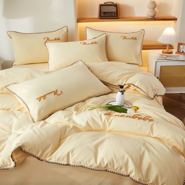 91家纺网 家纺一手货源 找家纺 啊雅家居 2025新款A类水洗棉贝壳边毛巾绣四件套 时尚黄