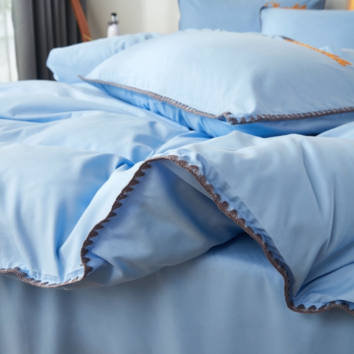 91家纺网 家纺一手货源 找家纺 啊雅家居 2025新款A类水洗棉贝壳边毛巾绣四件套 时尚天兰