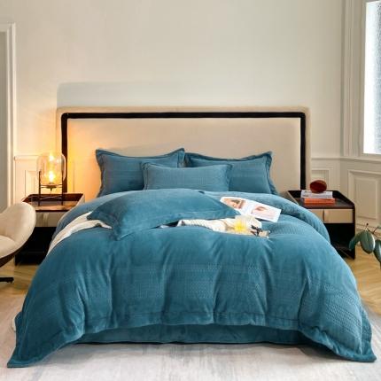 91家纺网 家纺一手货源 找家纺 嗯呢 2023新款A类高克重轻奢雕花牛奶绒四件套 大麦-宝石蓝