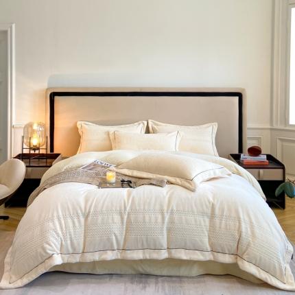 91家纺网 家纺一手货源 找家纺 嗯呢 2023新款A类高克重轻奢雕花牛奶绒四件套 大麦-米白