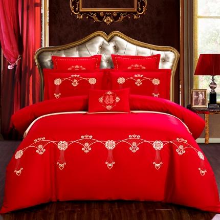 91家纺网 家纺一手货源 找家纺 慕她家纺 简约婚庆四件套大红色刺绣全棉纯棉六多件套浪漫景色