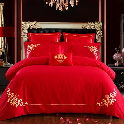 91家纺网 家纺一手货源 找家纺 慕她家纺 简约婚庆四件套大红色刺绣全棉纯棉六多件套永恒之恋