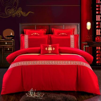 91家纺网 家纺一手货源 找家纺 慕她家纺 简约婚庆四件套大红色刺绣全棉纯棉六多件套真爱永恒