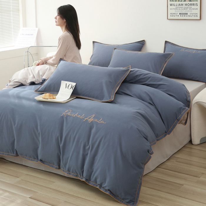 91家纺网 家纺一手货源 找家纺 艾莱2023新款A类新疆长绒棉加厚柔顺磨毛四件套瑞秋-贵族蓝