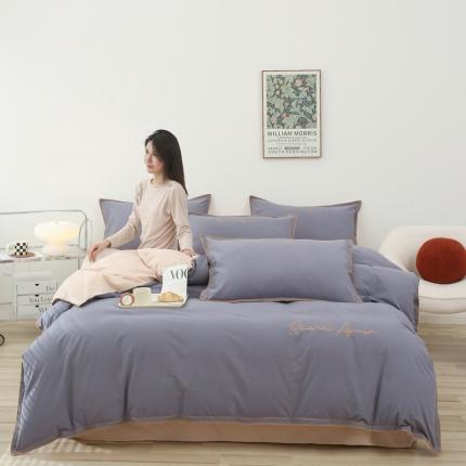 艾莱2023新款A类新疆长绒棉加厚柔顺磨毛四件套瑞秋-蓝莓灰