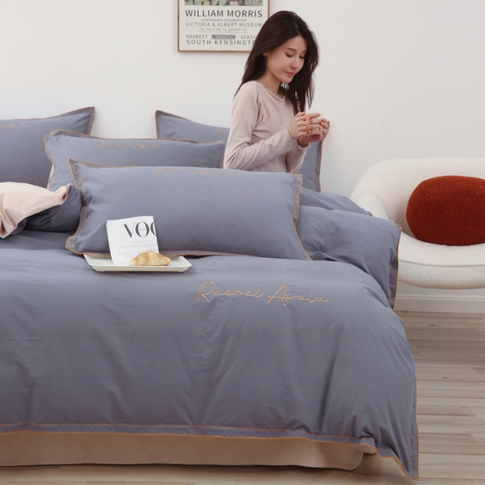 91家纺网 家纺一手货源 找家纺 艾莱2023新款A类新疆长绒棉加厚柔顺磨毛四件套瑞秋-蓝莓灰