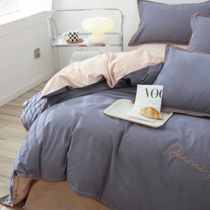 91家纺网 家纺一手货源 找家纺 艾莱2023新款A类新疆长绒棉加厚柔顺磨毛四件套瑞秋-蓝莓灰