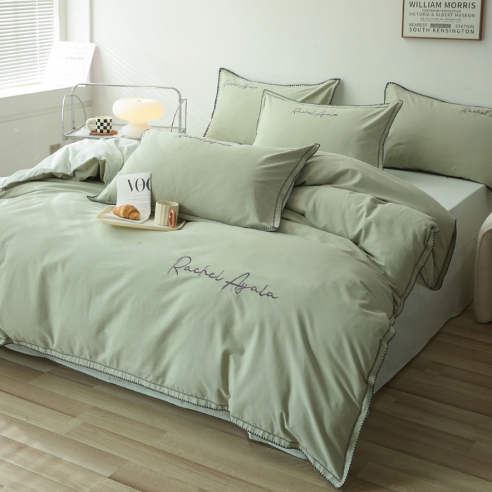 91家纺网 家纺一手货源 找家纺 艾莱2023新款A类新疆长绒棉加厚柔顺磨毛四件套瑞秋-青绿