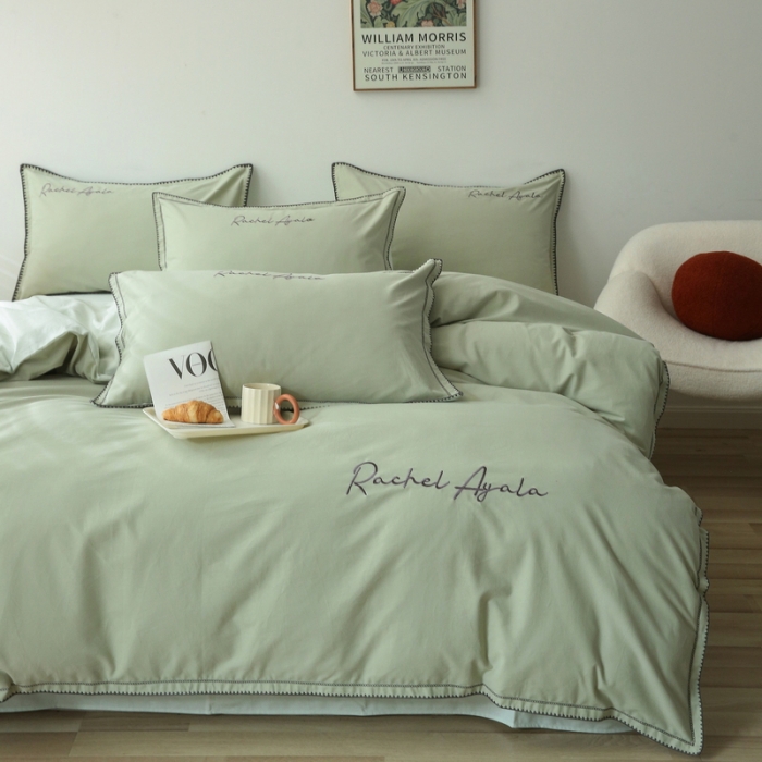 91家纺网 家纺一手货源 找家纺 艾莱2023新款A类新疆长绒棉加厚柔顺磨毛四件套瑞秋-青绿