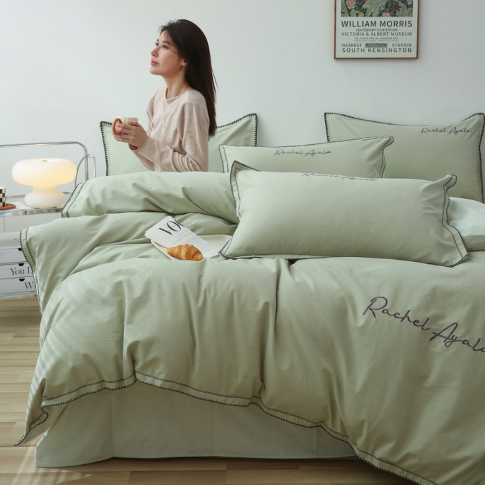 91家纺网 家纺一手货源 找家纺 艾莱2023新款A类新疆长绒棉加厚柔顺磨毛四件套瑞秋-青绿