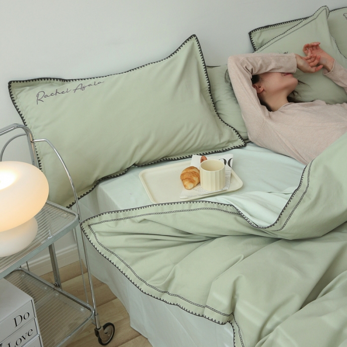 91家纺网 家纺一手货源 找家纺 艾莱2023新款A类新疆长绒棉加厚柔顺磨毛四件套瑞秋-青绿