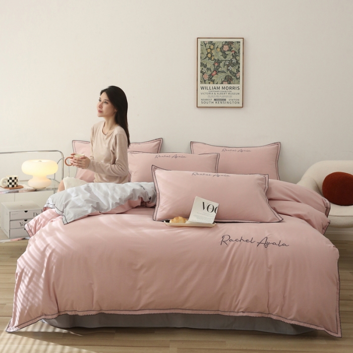 91家纺网 家纺一手货源 找家纺 艾莱2023新款A类新疆长绒棉加厚柔顺磨毛四件套瑞秋-烟粉