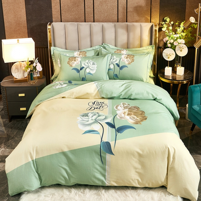 91家纺网 家纺一手货源 找家纺 雲归梦 2022年新款全棉AB版加厚磨毛大版四件套 花梦絮语绿