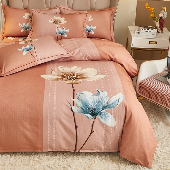 91家纺网 家纺一手货源 找家纺 雲归梦 2022年新款全棉AB版加厚磨毛大版四件套 花影温存-桔