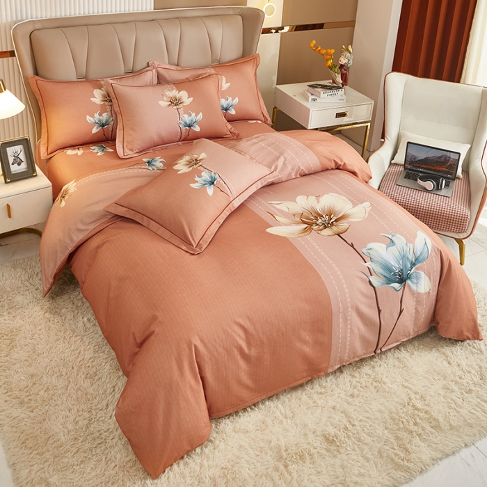 91家纺网 家纺一手货源 找家纺 雲归梦 2022年新款全棉AB版加厚磨毛大版四件套 花影温存-桔