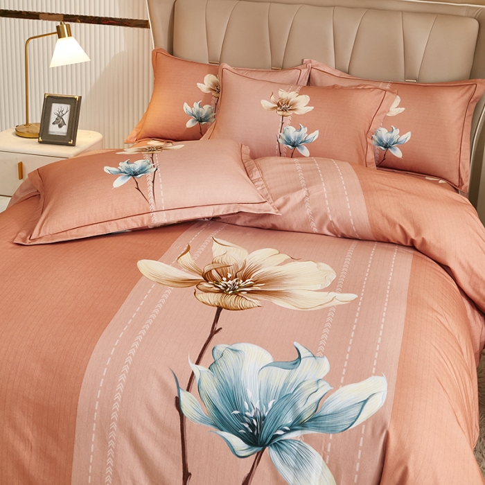 91家纺网 家纺一手货源 找家纺 雲归梦 2022年新款全棉AB版加厚磨毛大版四件套 花影温存-桔