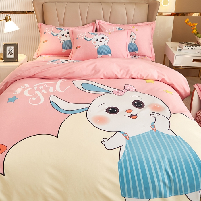 91家纺网 家纺一手货源 找家纺 雲归梦 2022年新款全棉AB版加厚磨毛大版四件套 兔宝宝-粉