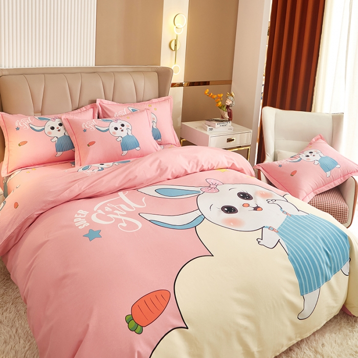 91家纺网 家纺一手货源 找家纺 雲归梦 2022年新款全棉AB版加厚磨毛大版四件套 兔宝宝-粉