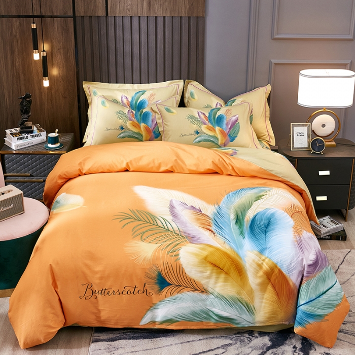 91家纺网 家纺一手货源 找家纺 雲归梦 2022年新款全棉AB版加厚磨毛大版四件套 羽翼纷飞桔