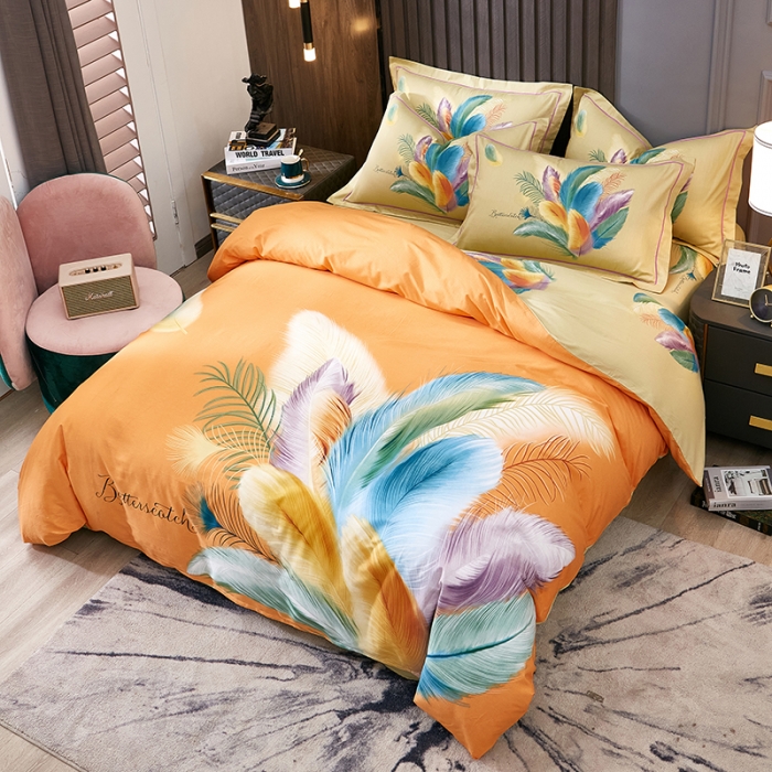 91家纺网 家纺一手货源 找家纺 雲归梦 2022年新款全棉AB版加厚磨毛大版四件套 羽翼纷飞桔