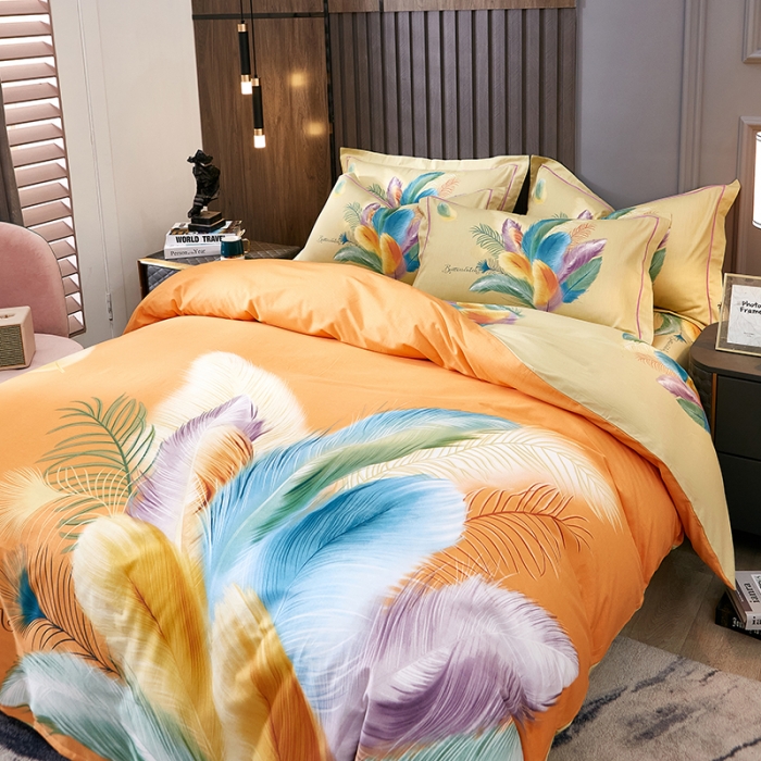 91家纺网 家纺一手货源 找家纺 雲归梦 2022年新款全棉AB版加厚磨毛大版四件套 羽翼纷飞桔