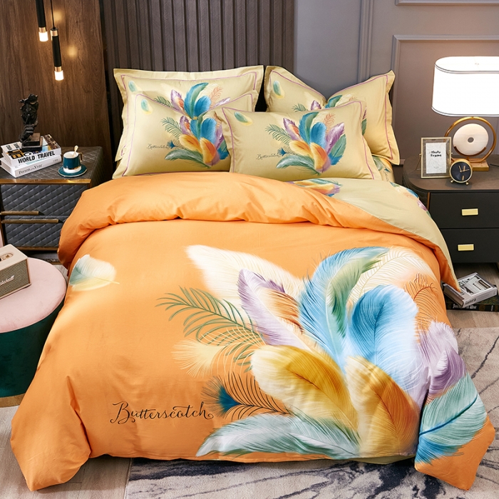 91家纺网 家纺一手货源 找家纺 雲归梦 2022年新款全棉AB版加厚磨毛大版四件套 羽翼纷飞桔