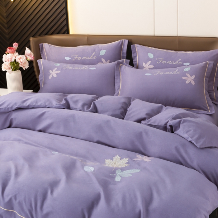 91家纺网 家纺一手货源 找家纺 畅畅家纺 2022新款全棉磨毛绣花四件套 枫叶-淡紫