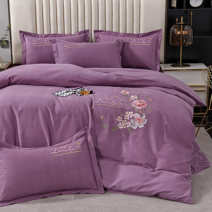 91家纺网 家纺一手货源 找家纺 畅畅家纺 2022新款全棉磨毛绣花四件套 香水百合-红豆沙