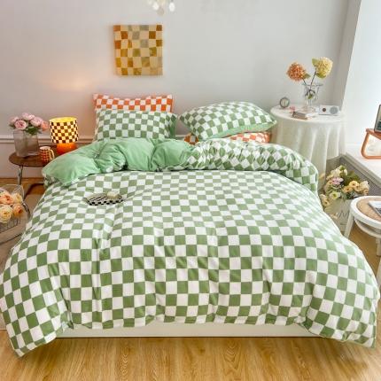 91家纺网 家纺一手货源 找家纺 金爱家 2023新款棋盘格牛奶绒四件套 棋盘格-绿