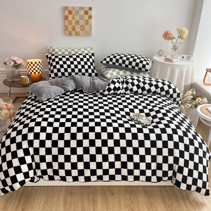 91家纺网 家纺一手货源 找家纺 金爱家 2023新款棋盘格牛奶绒四件套 棋盘格-黑