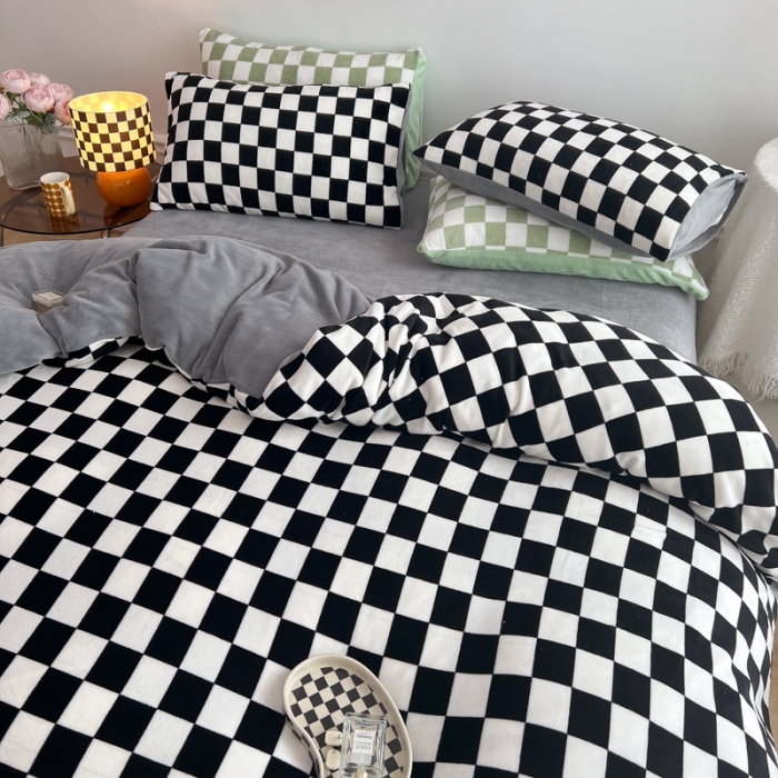 91家纺网 家纺一手货源 找家纺 金爱家 2023新款棋盘格牛奶绒四件套 棋盘格-黑