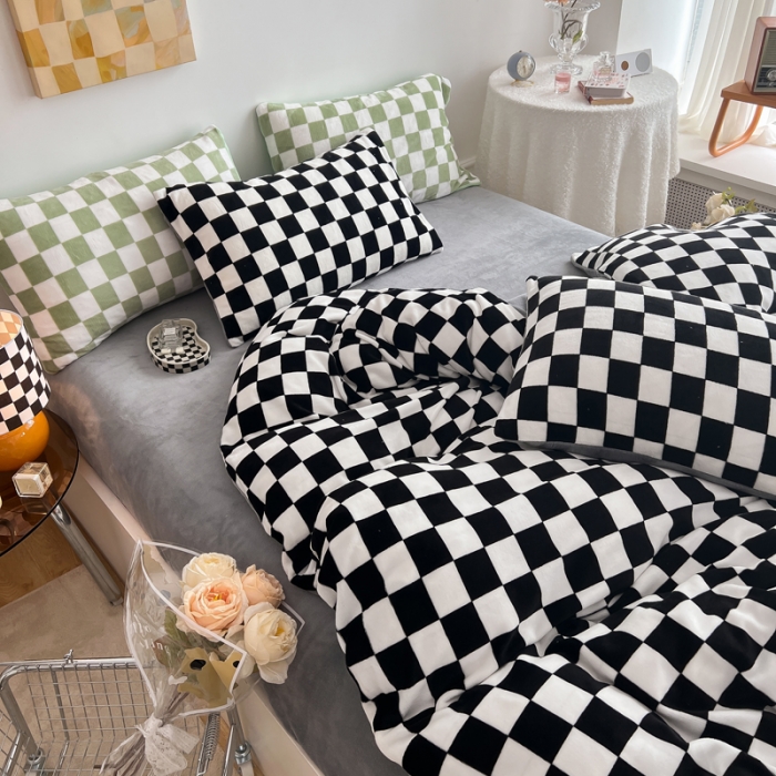 91家纺网 家纺一手货源 找家纺 金爱家 2023新款棋盘格牛奶绒四件套 棋盘格-黑