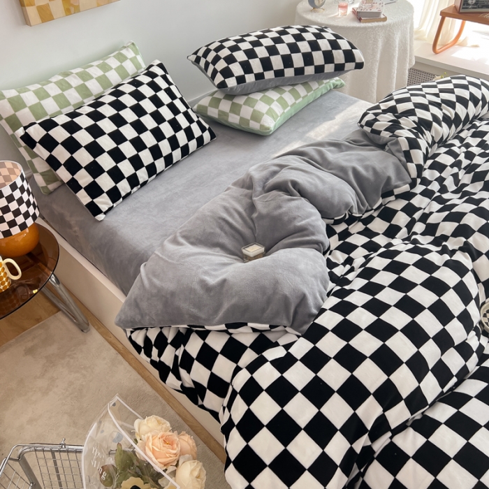 91家纺网 家纺一手货源 找家纺 金爱家 2023新款棋盘格牛奶绒四件套 棋盘格-黑